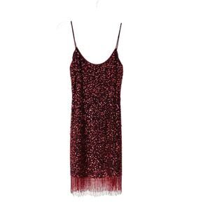 Zola Evening Red Sequin Beaded Fringe Hem Cocktail Evening Party Dress 8P petite